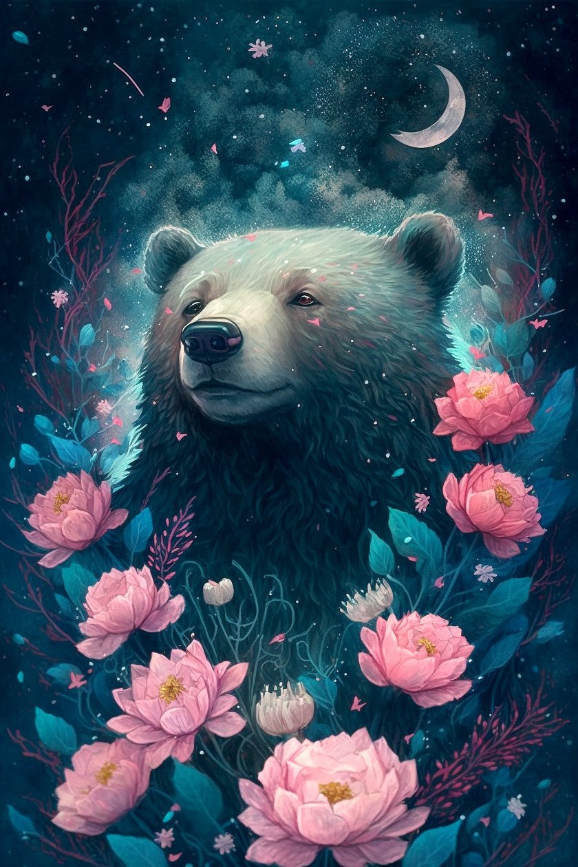 Beer in een fantasiedroomscène omringd door bloemen, ingelijste posters afdrukken door F. Abderrahim