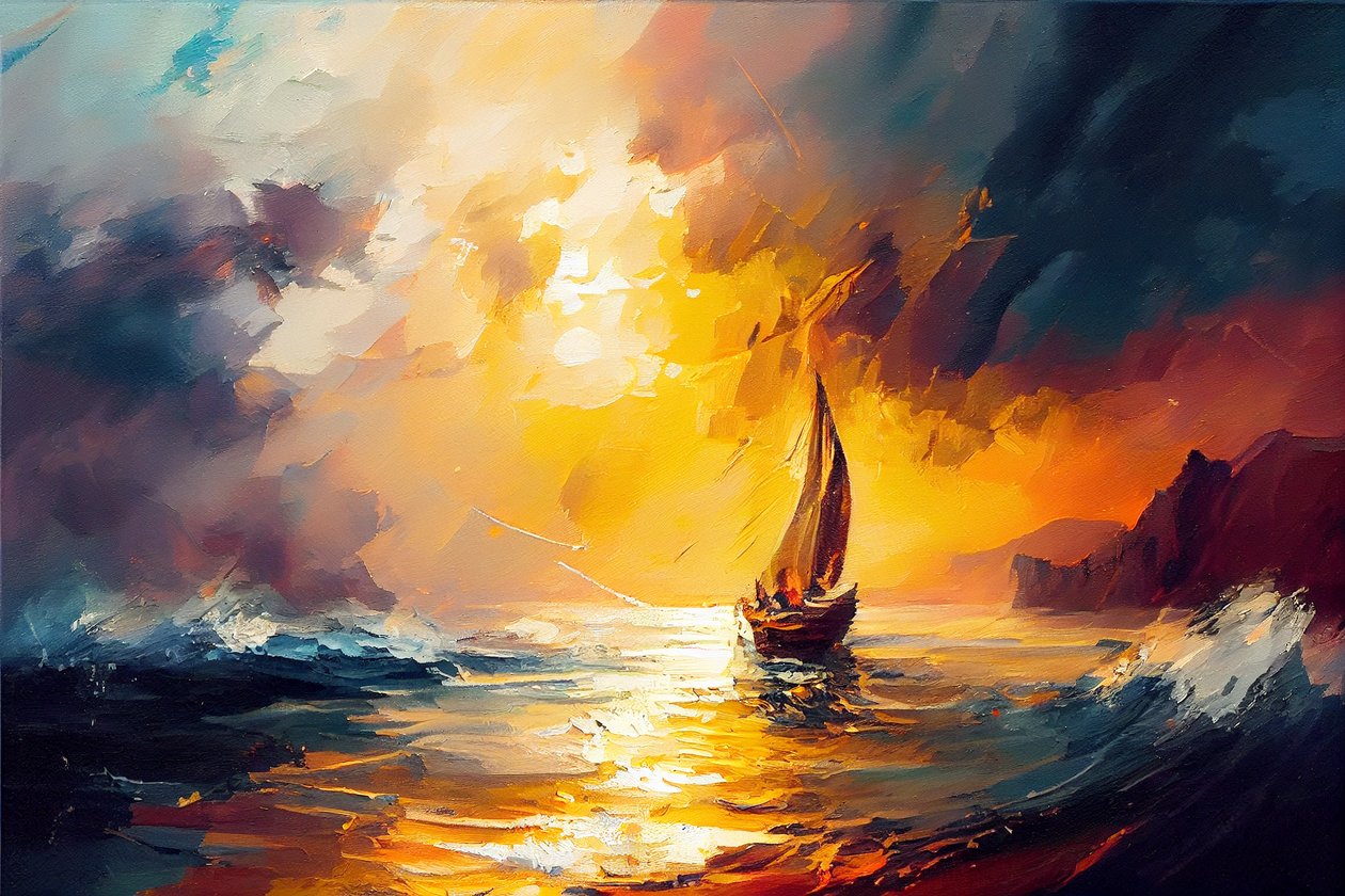 Zeilboot op zee, zeelandschap bij zonsopgang door F. Abderrahim