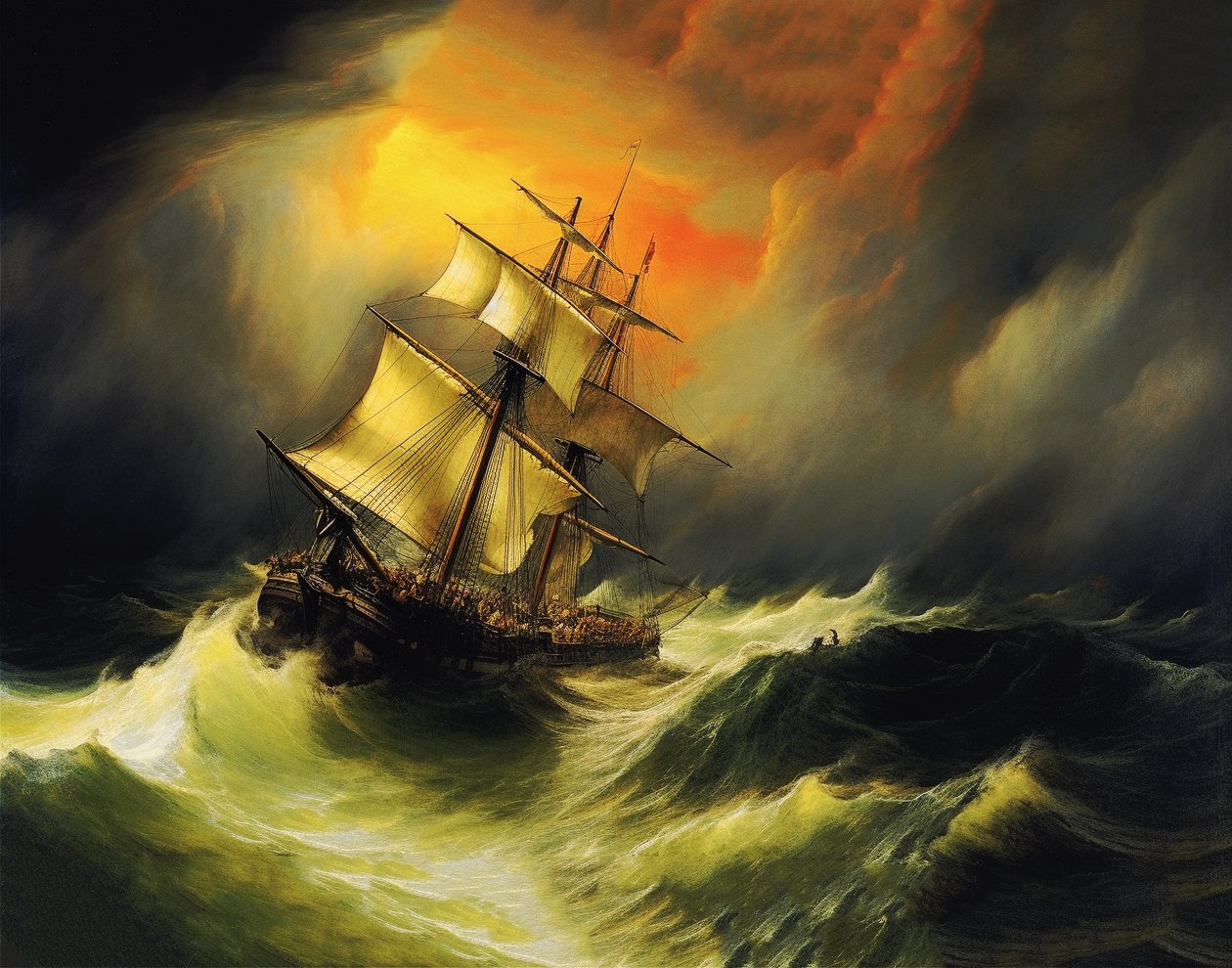 Schip in een storm op zee, in de stijl van William Turner door F. Abderrahim