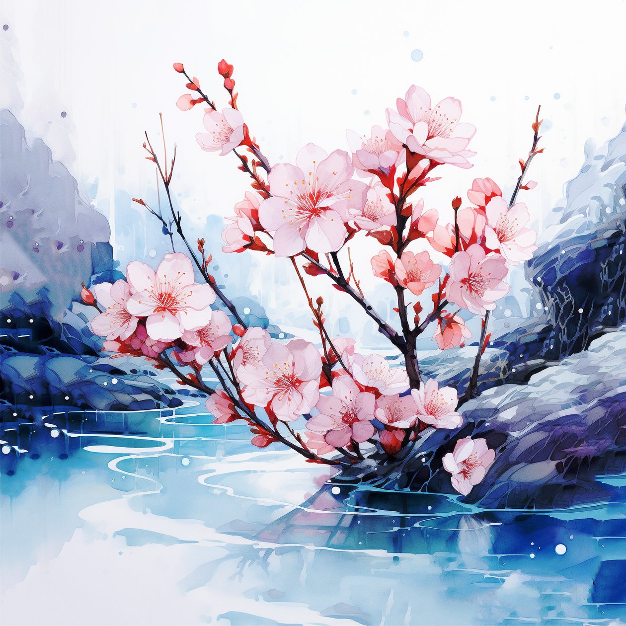 Surrealistisch aquarel schilderij van Japanse kersenbloesems door F. Abderrahim