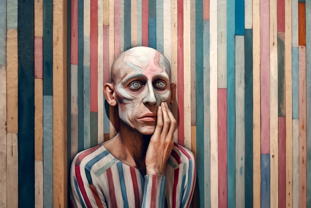 Surrealistisch schilderij van een verdrietige man geïnspireerd door Giorgio de Chirico door F. Abderrahim
