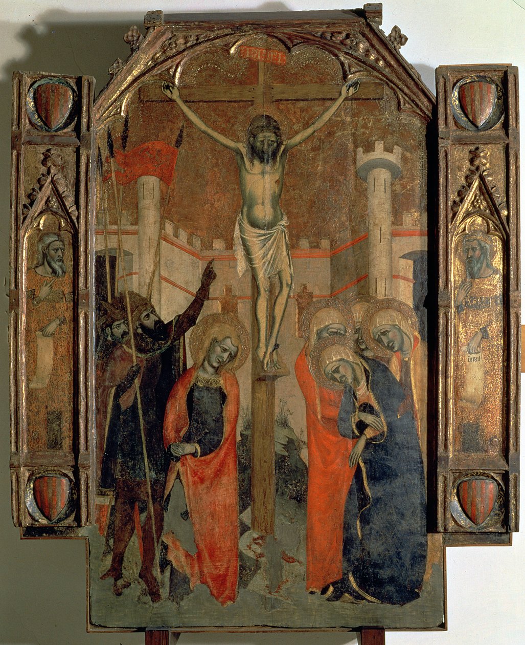 De Kruisiging, bovenste deel van het centrale paneel van het grote altaarstuk van Almudaina, voltooid in 1358 door F. Bassa and R. Destorrents