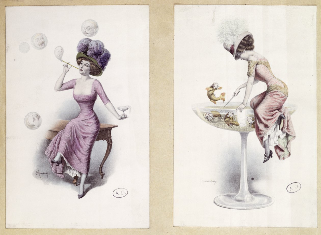 Ansichtkaarten met een vrouw die bellen blaast en vist in een Champagneglas, ca. 1900 door F. Kuderna