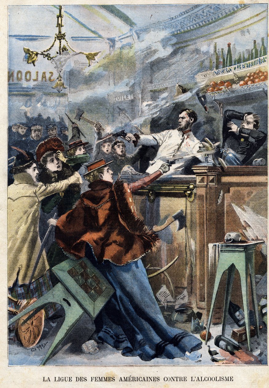 Amerikaanse vrouwenbond tegen alcoholisme. In een Amerikaanse saloon schieten vrouwen met geweren op barmannen door F. L & Carrey (fl.1900) Meaulle