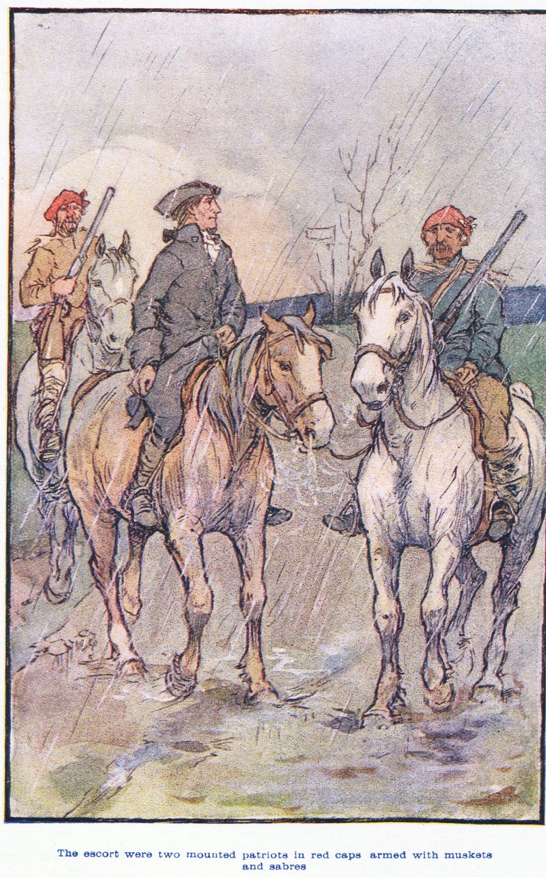 De escorte waren gemonteerde patriotten in rode mutsen, gewapend met musketten en sabels door F. M. B. Blaikie