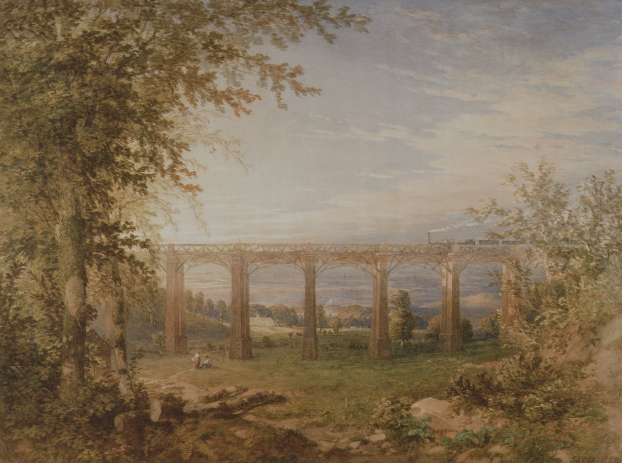 Een Bakstenen en Houten Spoorwegviaduct met Stoomtrein, 1849 door F. S. Cook