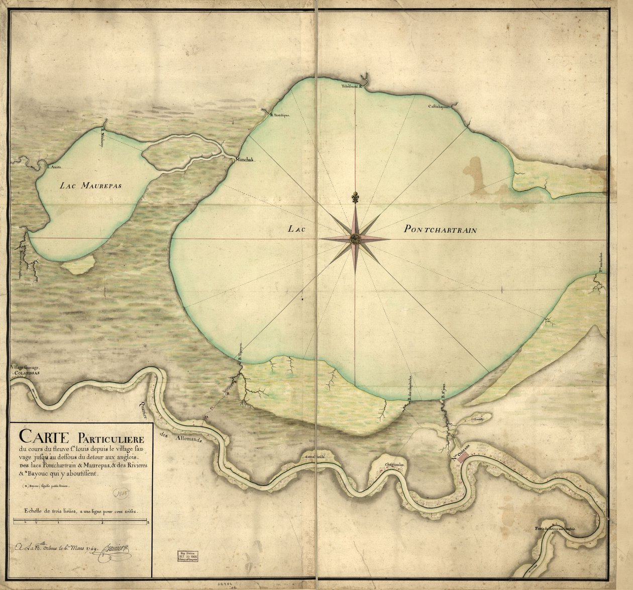 Bijzondere kaart van de loop van de St. Louis rivier vanaf het wilde dorp tot onder de Detour aux Angloix, de meren Pontchartrain & Maurepas en de rivieren & bayous die daar uitmonden door F. Saucier