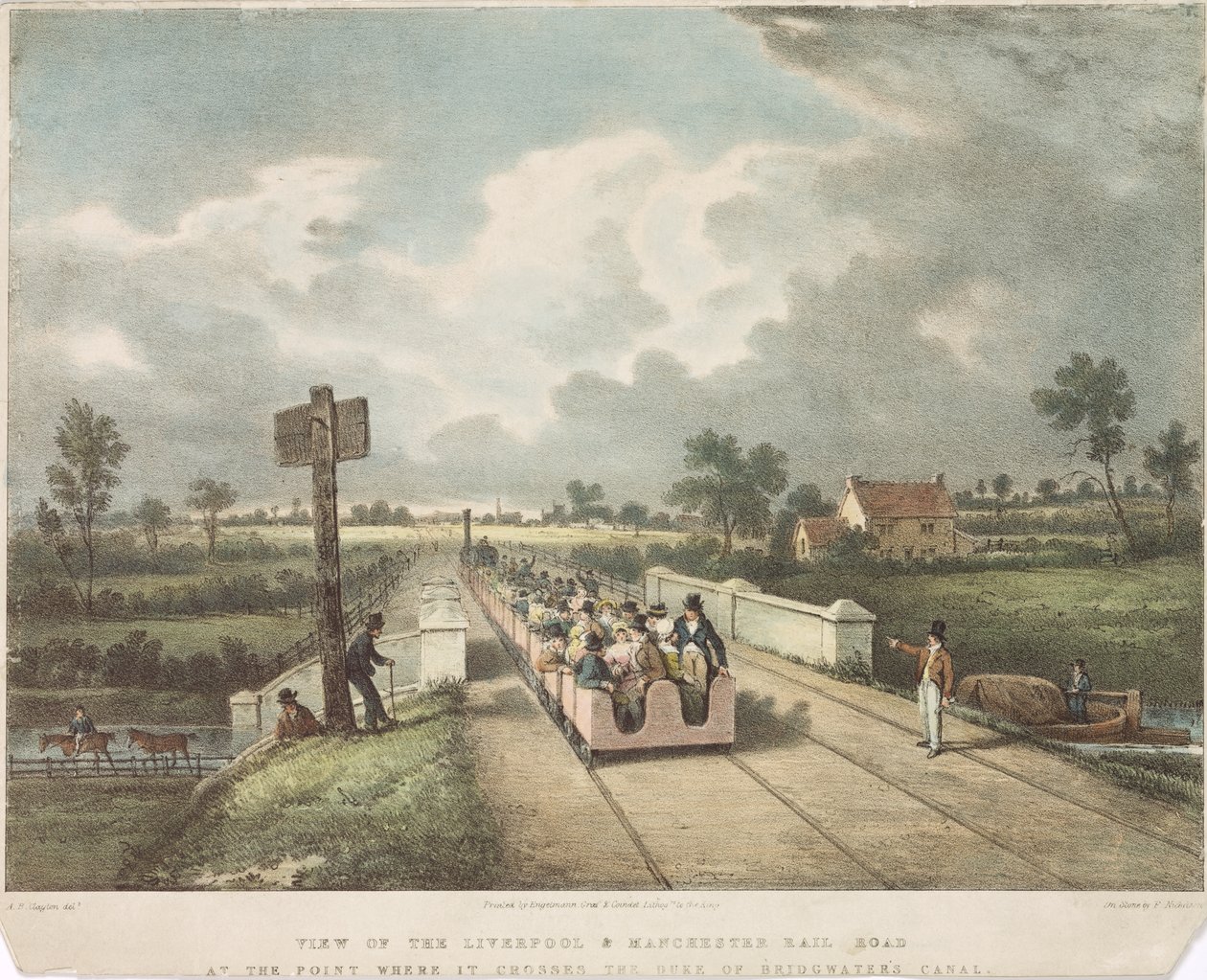 Uitzicht op de Liverpool & Manchester Spoorweg bij het Punt Waar het het Kanaal van de Hertog van Bridgewater Kruist, gegraveerd door A.B. Clayton, 1831 door F. after Nicholson