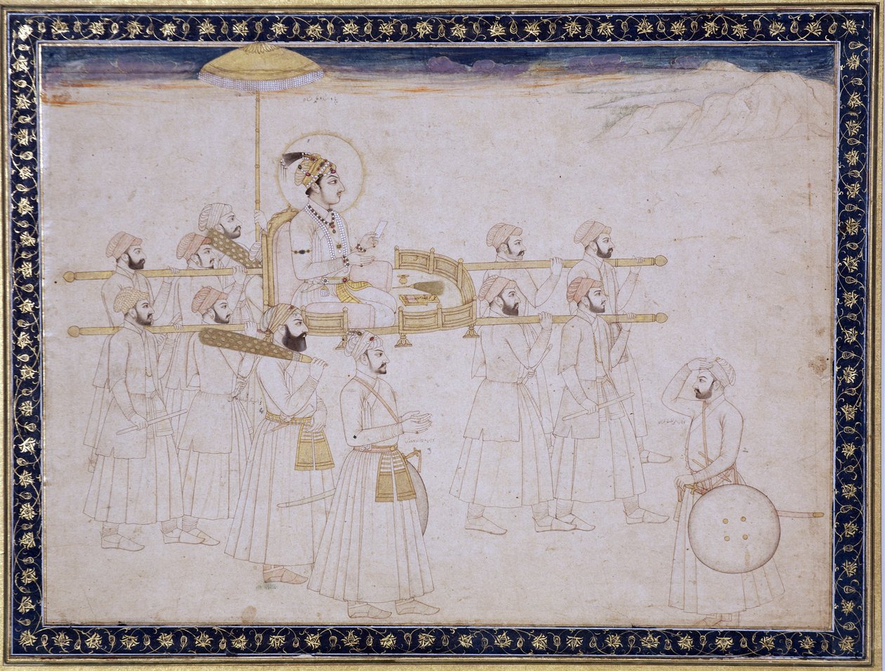 Muhammad Shah gedragen in een draagstoel, c.1735 door Faqir ullah