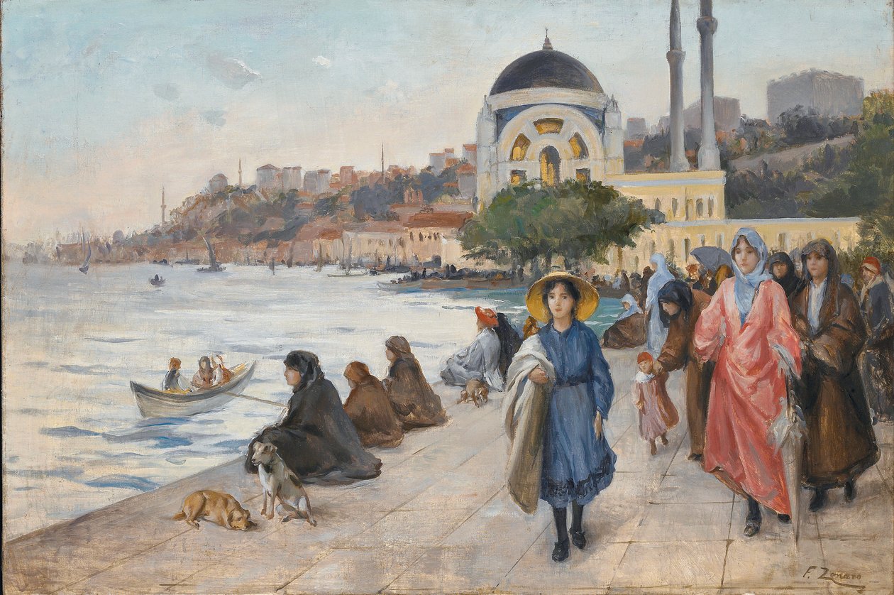 Mafalda aan de Oevers van de Bosporus, de Dolmabahce Moskee op de Achtergrond door Fausto Zonaro