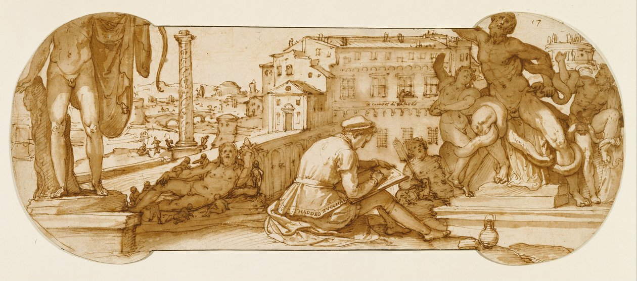 Taddeo in de Belvedere Hof in het Vaticaan, Tekening van de Laocoön door Federico Zuccaro