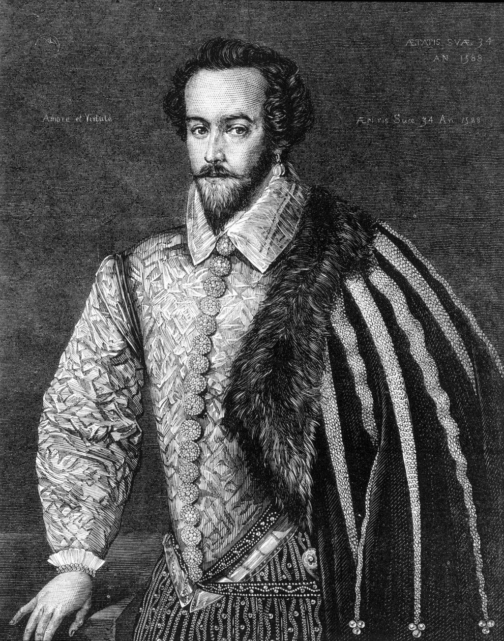 Portret van Sir Walter Raleigh (1554 - 1618), Engelse navigator, hoveling en schrijver. Gravure naar een schilderij toegeschreven aan Federico Zuccaro (of Zuccari) (1549 - 1609) uit 1588 door Federico (after) Zuccari or Zuccaro