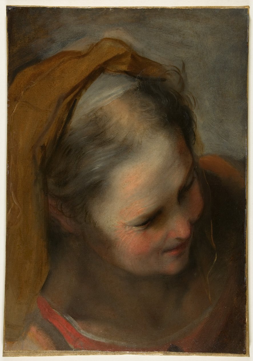 Hoofd van een oude vrouw die naar rechtsonder kijkt (Sint-Elisabeth) door Federico Barocci