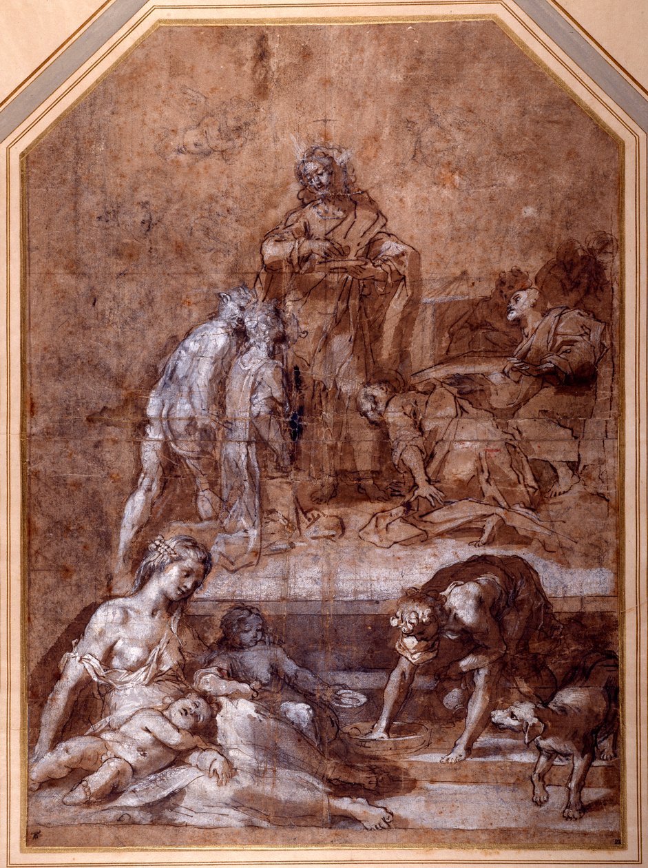 Religieuze allegorie, het verzamelen van het Manna en de Instelling van de Eucharistie door Federico Fiori Barocci or Baroccio