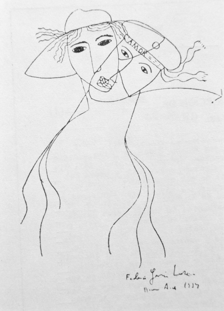 Tekening om een van zijn eigen gedichten te illustreren, gemaakt in Buenos Aires door Federico Garcia Lorca