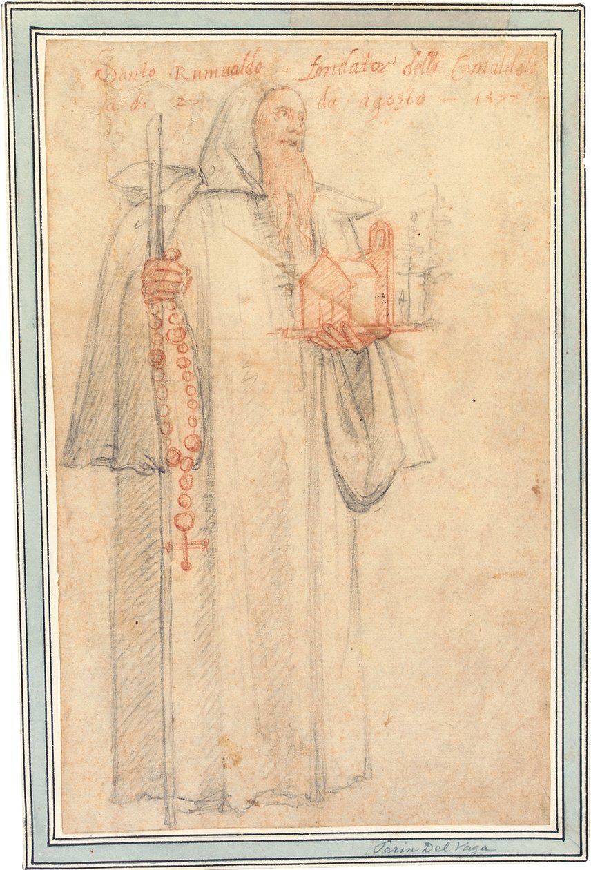 Fra Stefano, procurator van de Camaldolieten in Vallombrosa, als Sint Romuald, met een model van een kerk en een rozenkrans, 1577 door Federico Zuccaro
