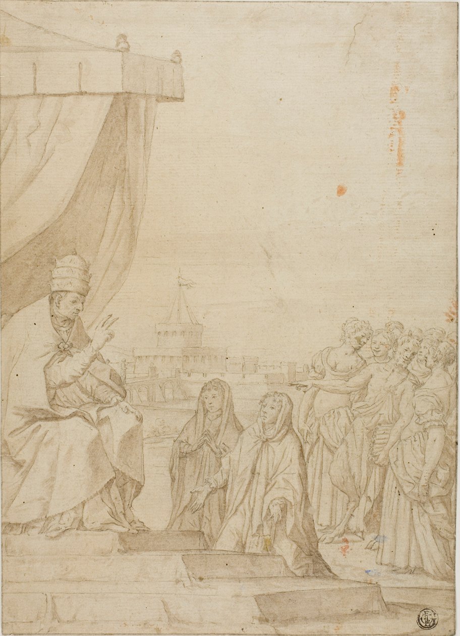 Paus zegent twee vrouwen in aanwezigheid van Satyr en verzamelde vrouwen met Castel Sant Angelo op de achtergrond door Federico Zuccaro