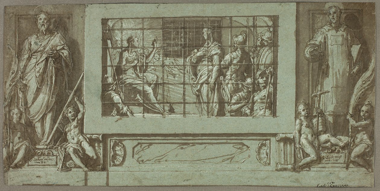 Sint Catharina in de gevangenis bekeert keizerin Faustina tot het christendom, geflankeerd door de heiligen Saturnius en Simon door Federico Zuccaro