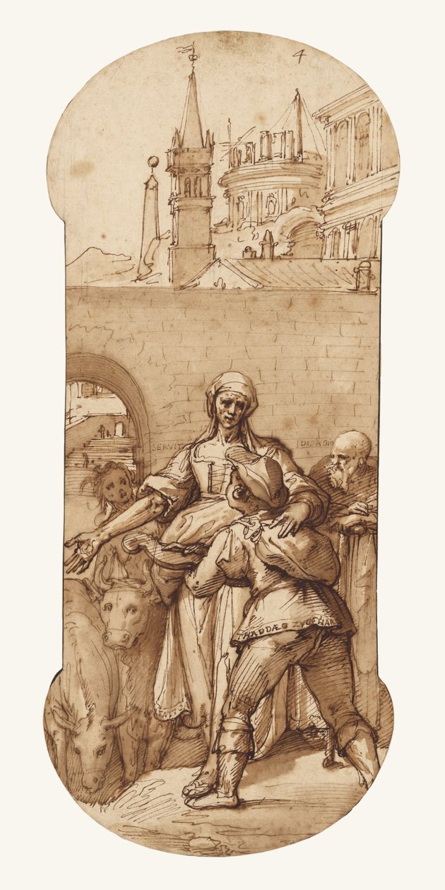 Taddeo bij de ingang van Rome begroet door zwoegen, dienstbaarheid en ontbering, en door gehoorzaamheid en geduld (de ezel en de os) door Federico Zuccaro