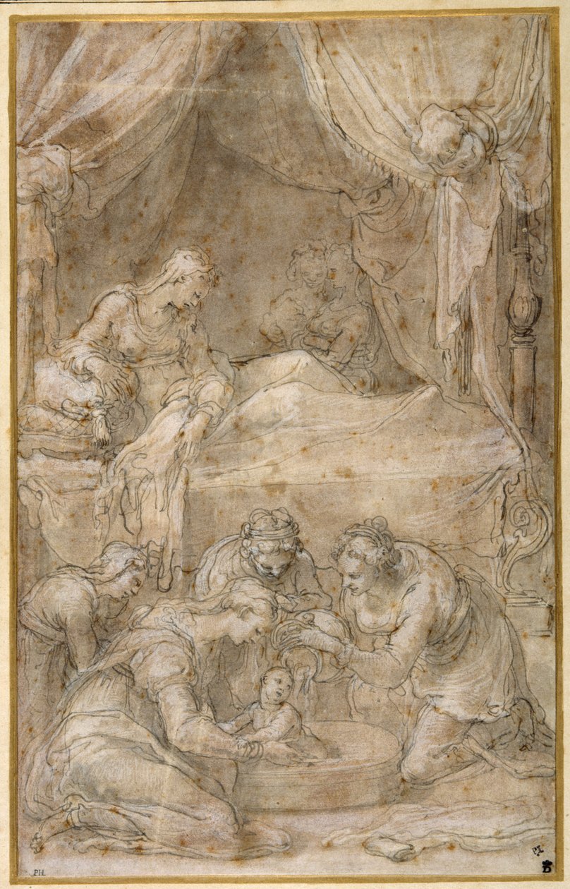 De geboorte van de Maagd, naar Taddeo Zuccaro (pen en inkt op papier) door Federico Zuccaro
