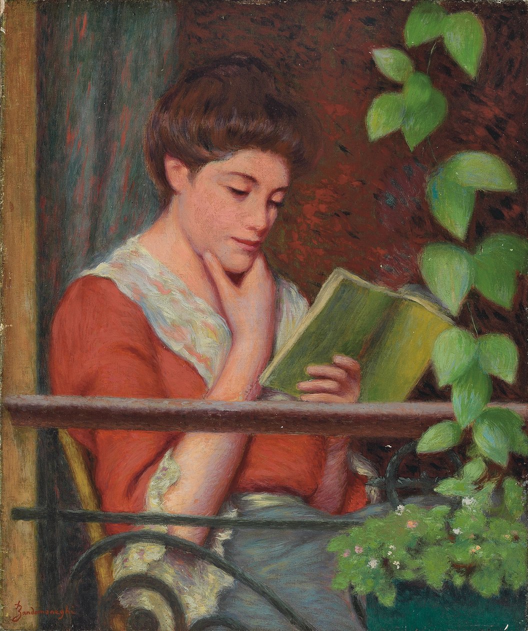 Lezen al fresco - Vrouw op het balkon door Federigo Zandomeneghi