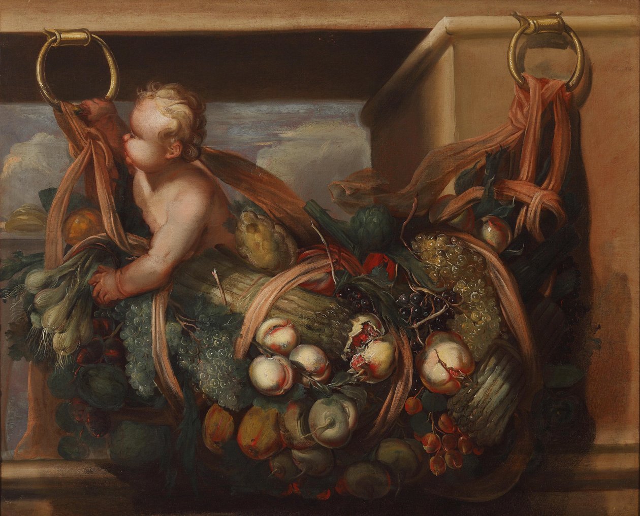 Putto met een fruitguirlande door Felice Fortunato Biggi