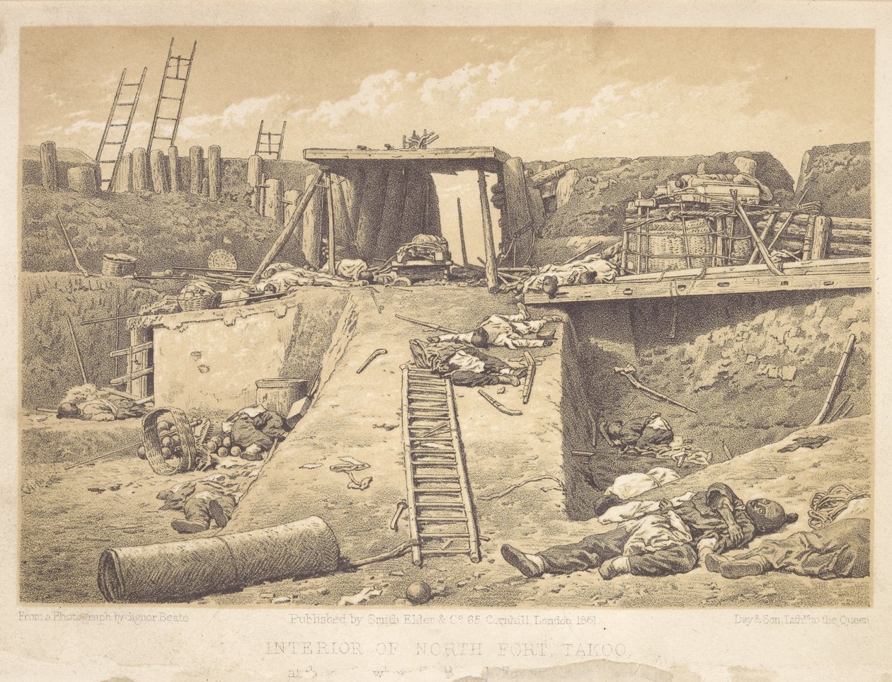 Binnenkant van Noord-Fort Taku, bij de hoek waar de Britse troepen binnenkwamen door Felice Beato