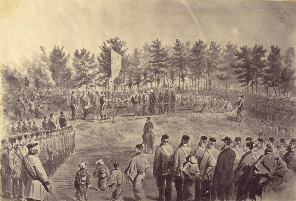 Fotografische kopie van een tekening van een executie door Charles Wirgman door Felice Beato