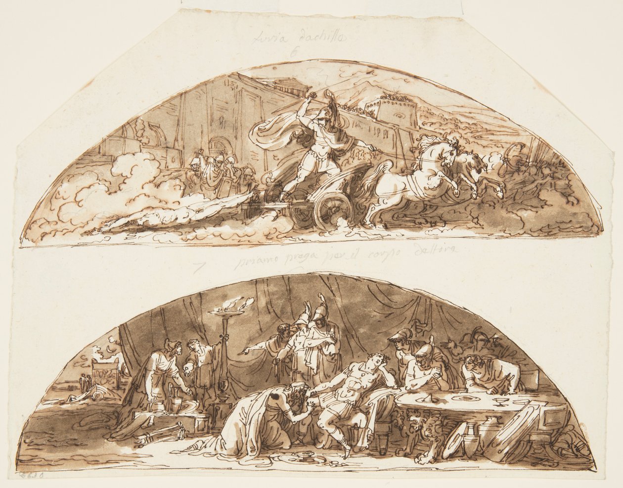 Achilles sleept het lichaam van Hector rond de muren van Troje, Priamus smeekt om het lichaam van Hector, plafondontwerpen voor de Galleria di Achille, Palazzo Milzetti, Faenza, Italië door Felice Giani