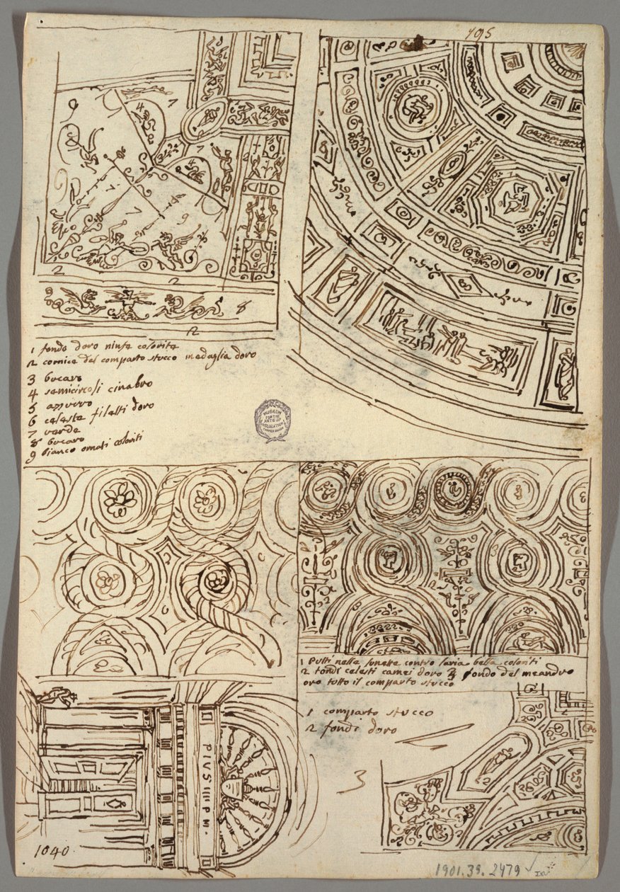 Decoratieve studies voor plafonds; Verso: Hoofd in profiel met antieke helm door Felice Giani