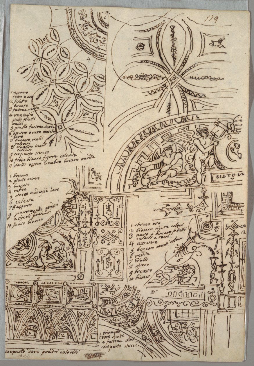 Decoratieve studies van plafonds met grotesken; studies van monument met pauselijk zegel, Sisto V door Felice Giani