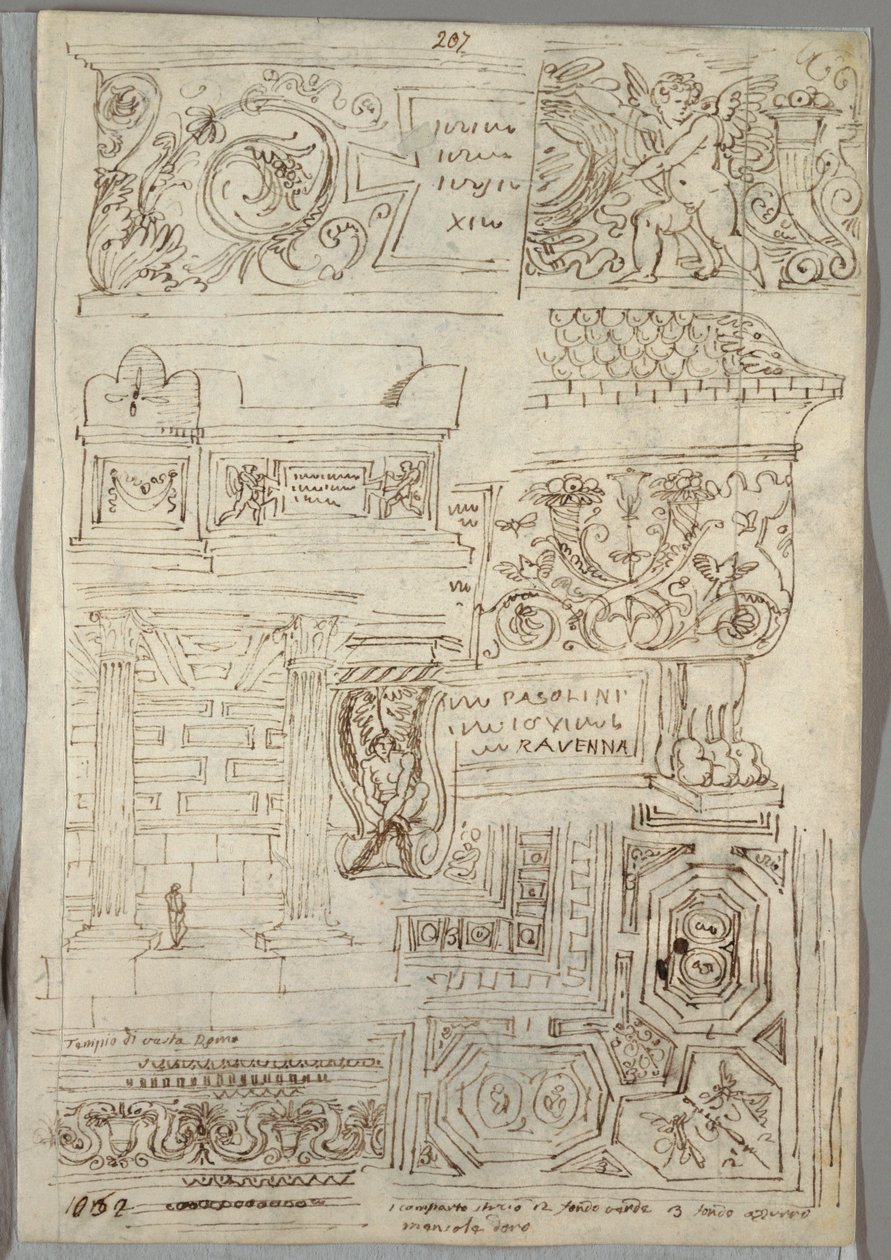 Decoratieve Studie; Verso: Twee Hoofdstudies door Felice Giani