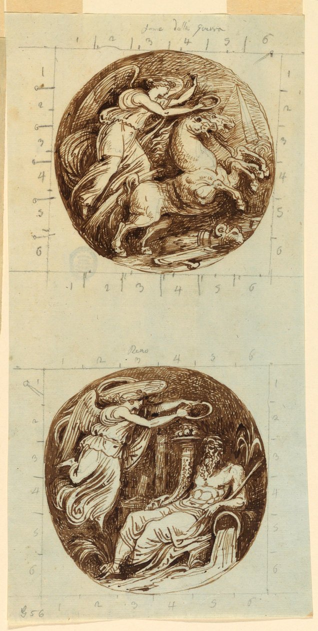 Tekening, Een gevleugelde overwinning op een strijdwagen; Een gevleugelde overwinning die een riviergod kroont, Reno; twee rondellen, ca. 1805 door Felice Giani