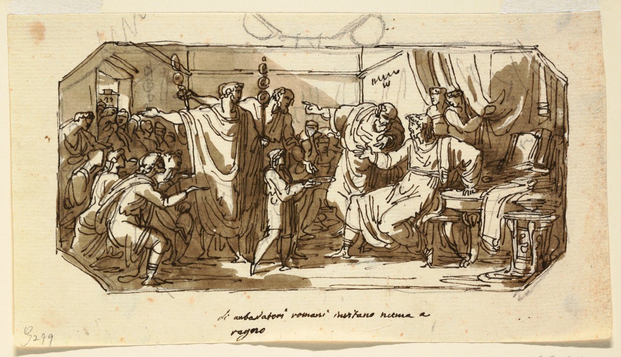 Tekening, Plafondontwerp: Romeinse ambassadeur vraagt de Sabijnse Numa Pompilius om over Rome te regeren, Sala di Numa Pompilio, Palazzo Milzetti, Faenza, 1802-05 door Felice Giani