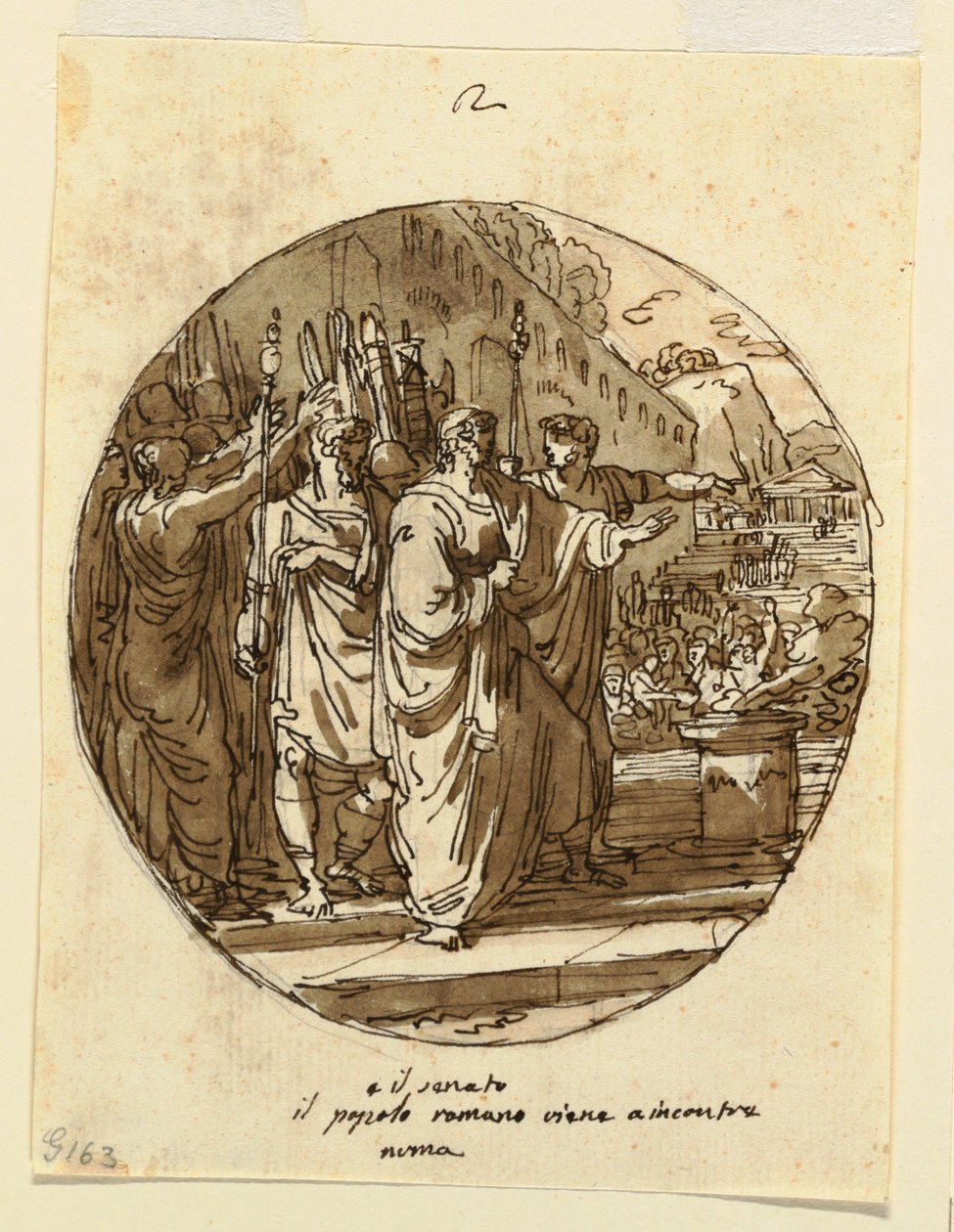 Tekening, Plafondontwerp voor Numa Pompilius verwelkomd in Rome na zijn verkiezing, Sala di Numa Pompilio, Palazzo Milzetti, Faenza, 1804-05 door Felice Giani