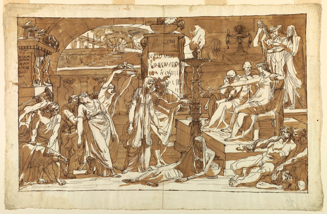 Tekening, Hades; Persephone in de onderwereld (offergave aan Proserpine), ca. 1820 door Felice Giani