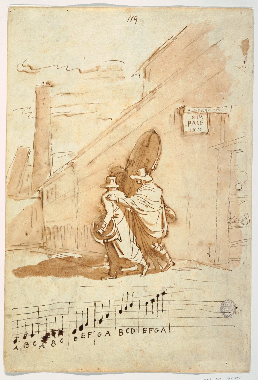 Tekening, Recto:  Drie muzikanten voor de Albergo Della Pace, 1810, 1810 door Felice Giani