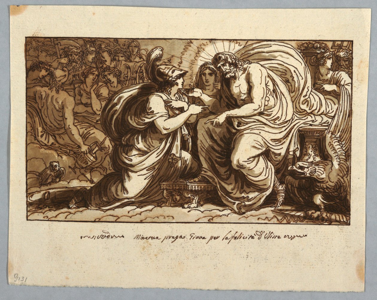 Tekening, blad uit een schetsboek: Minerva vraagt Jupiter om het geluk van Odysseus of Minerva ondervraagt Jupiter over het lot van Ithaka, 1802-05 door Felice Giani