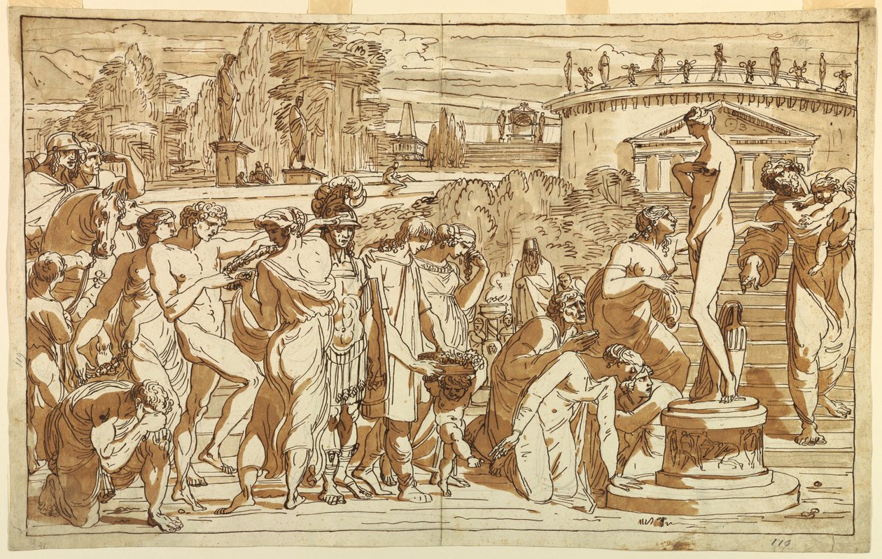 Tekening, Aanbidding van Venus in een klassiek landschap, ca. 1820 door Felice Giani