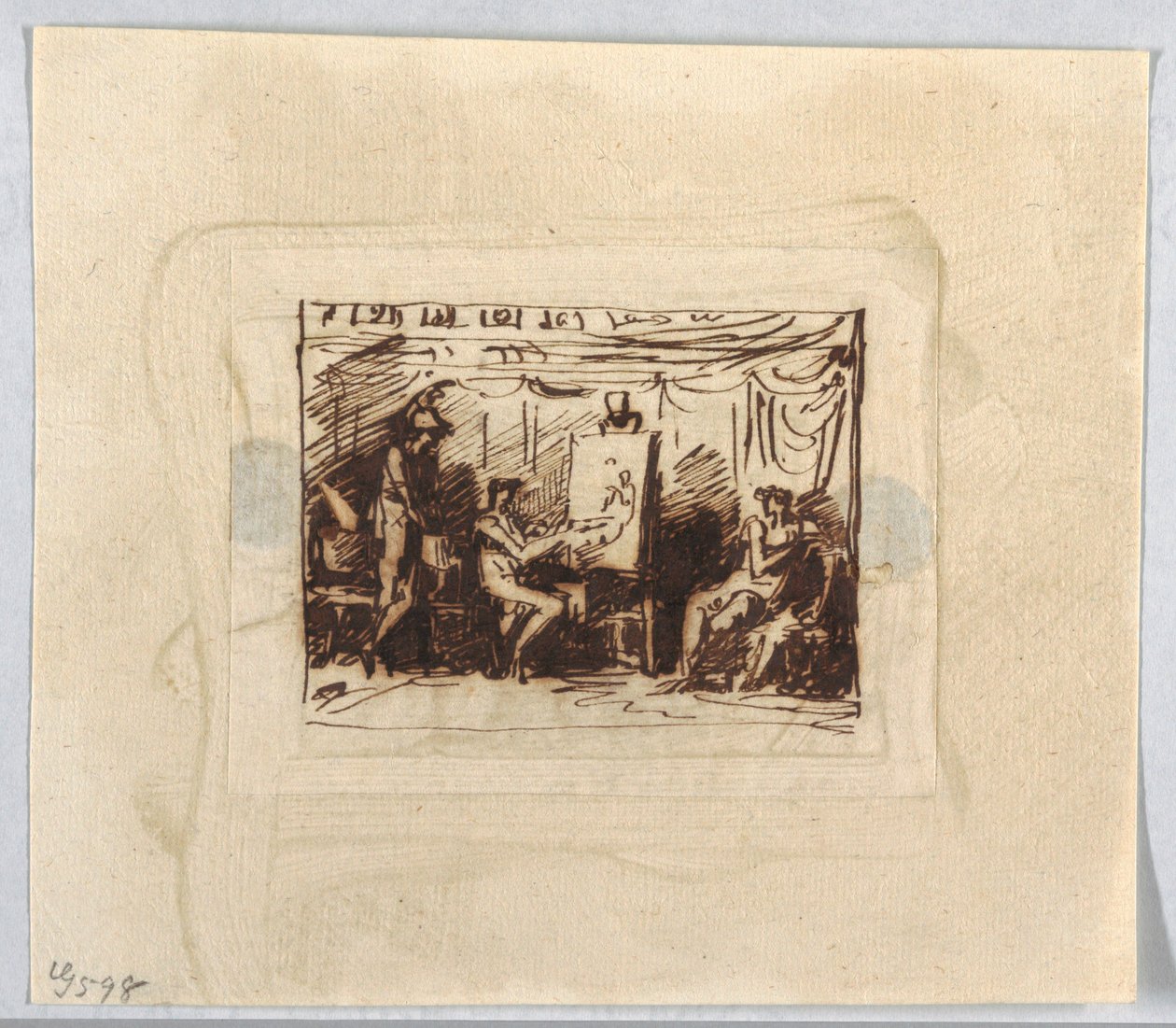 Figurale Scene met Kunstenaar die Vrouwelijke Figuur Tekent Terwijl Man van Achteren Kijkt door Felice Giani