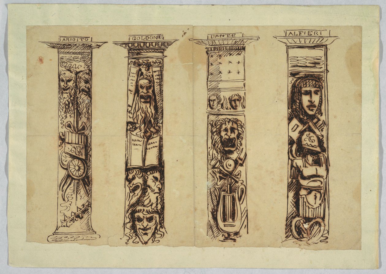 Vier kolommen voor Italiaanse renaissance schrijvers door Felice Giani