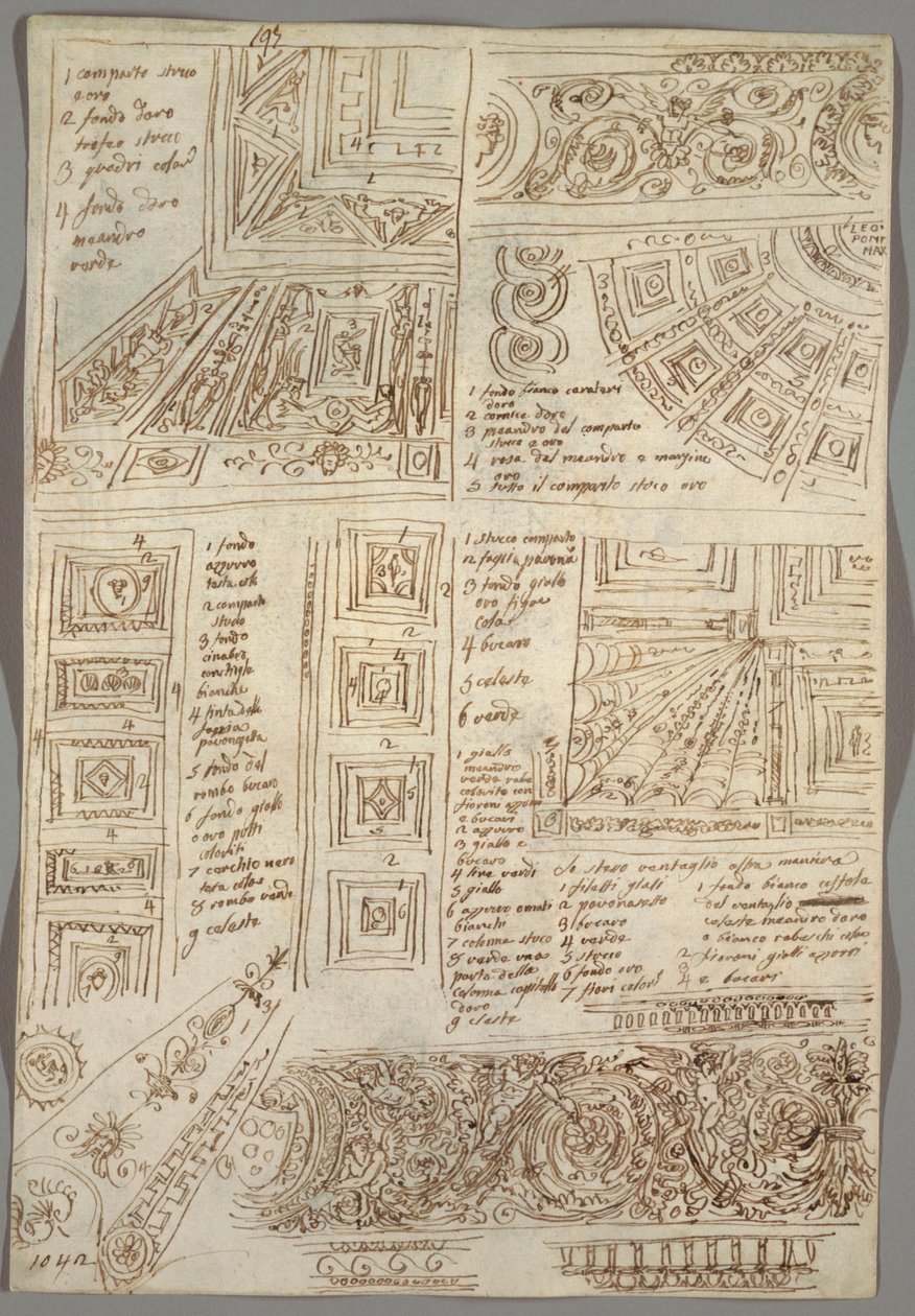 Vier Decoratieve Studies van Plafonds; Verso: Anatomische Studies door Felice Giani