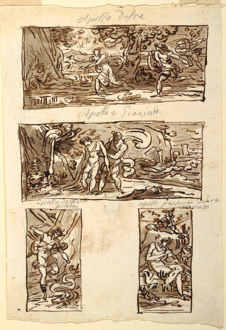 Vier tekeningen van de mythe van Apollo; Decoratie van een muur boven een schouw, Sala di Apollo, Palazzo Cavina, Faenza door Felice Giani