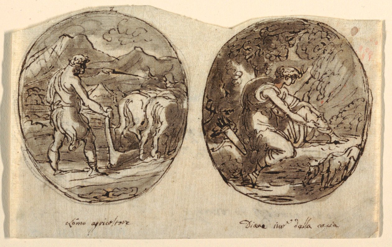 Man de boer, Diana de godin van de jacht, Ontwerp voor gewelfd plafond, Sala dei Legislatori, Palazzo Conti-Sinibaldi, Faenza door Felice Giani