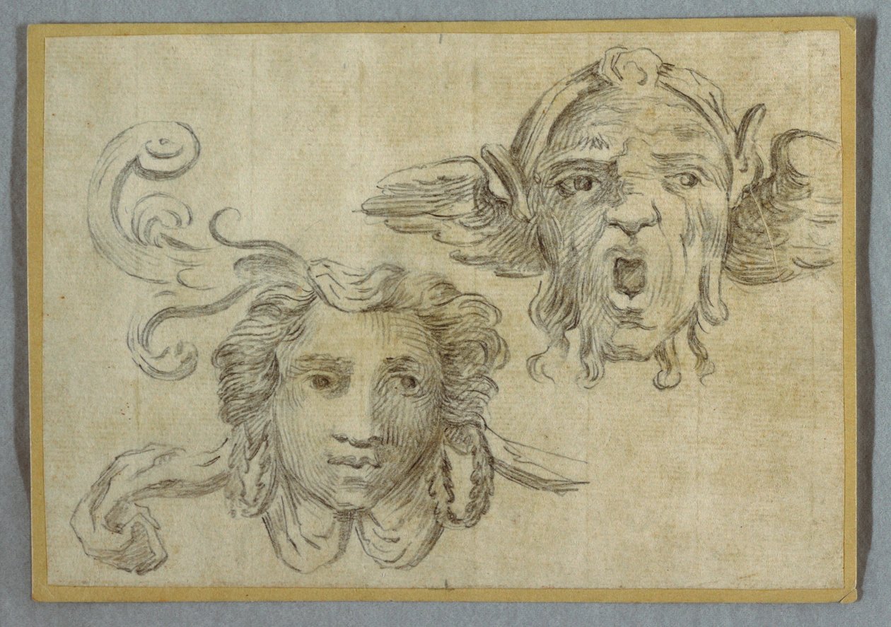 Masker met krans en oren; Masker met baard en oren van satyr door Felice Giani