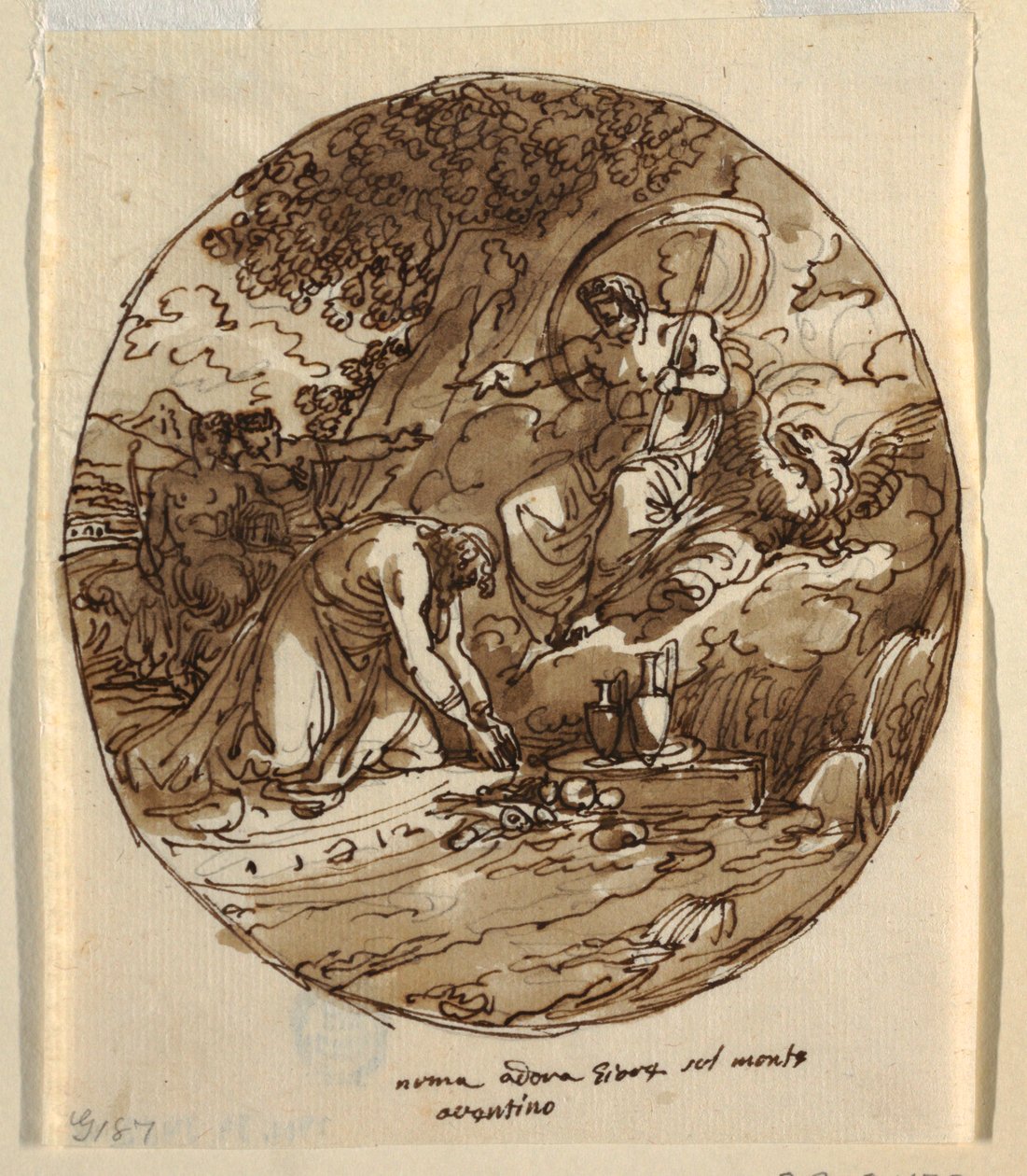 Numa Pompilius aanbidt Jove op de Aventijn, plafondontwerp voor de Sala di Numa Pompilius, Palazzo Milzetti, Faenza door Felice Giani