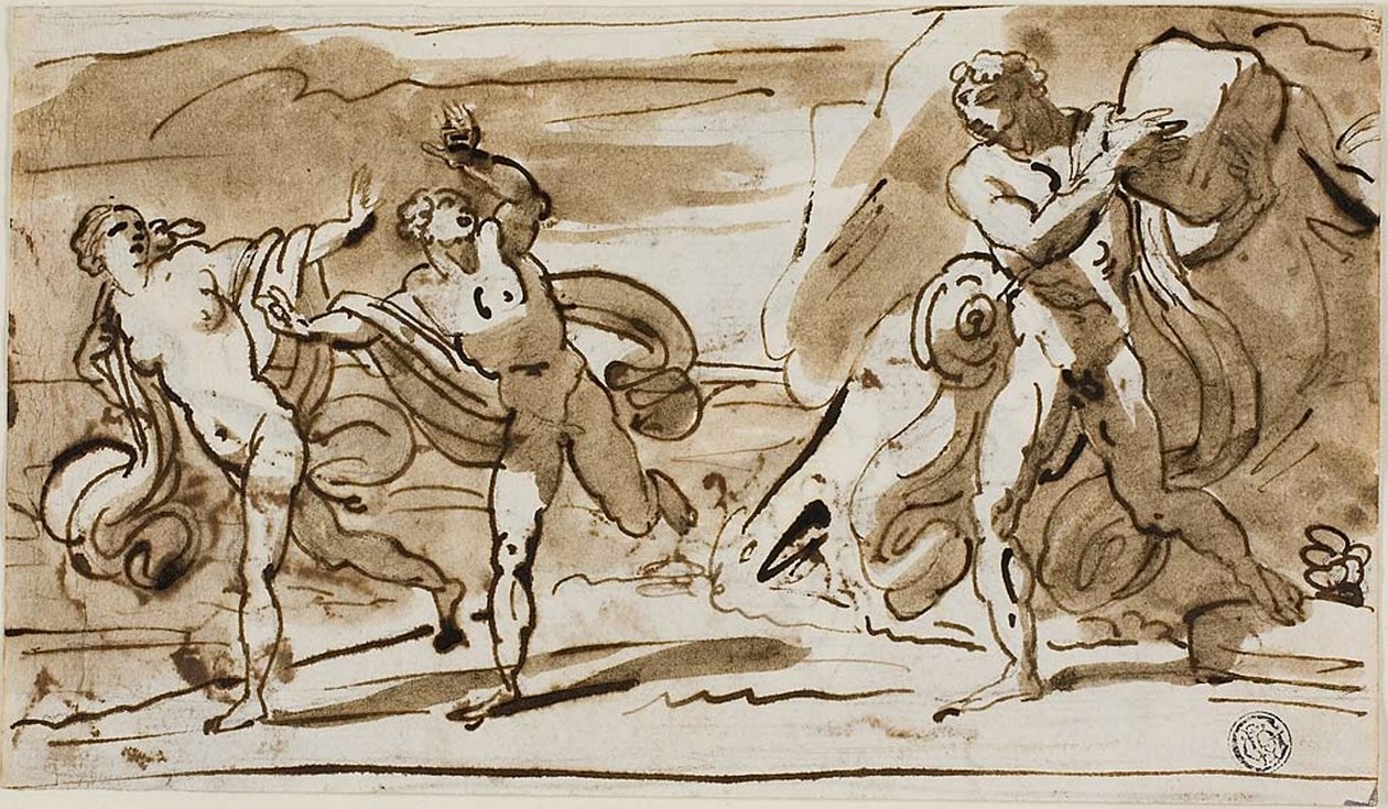 Polyphemus Gooiend met Rotsblokken naar de Vluchtende Aeis en Galatea ...