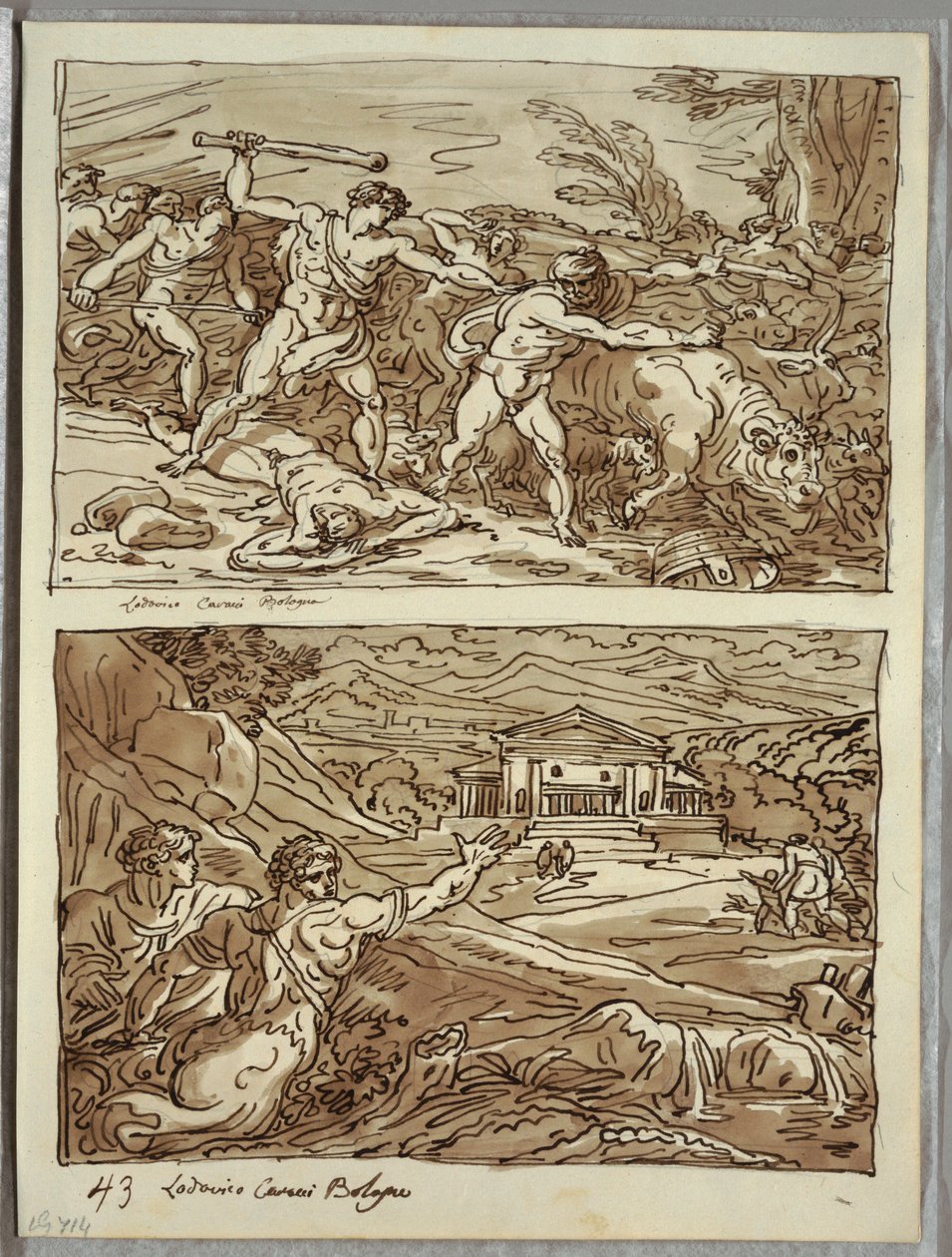 Remus verjaagt en doodt de rovers van de kuddes; Heiligdom voor de vluchtelingen op de Campidoglio, twee studies naar Carracci door Felice Giani