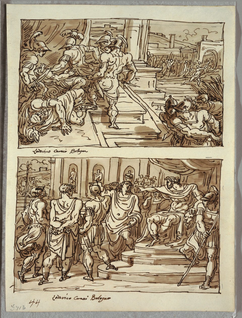 Remus Doodt Koning Amulius; Remus Geleid in Ketenen voor Koning Amulius; Twee Studies naar Carracci door Felice Giani