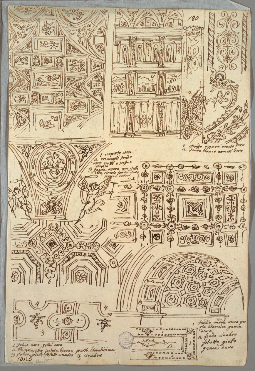 Zeven Studies van Vierhoekige Plafonds; Verso: Twee Anatomische Studies van Armen door Felice Giani
